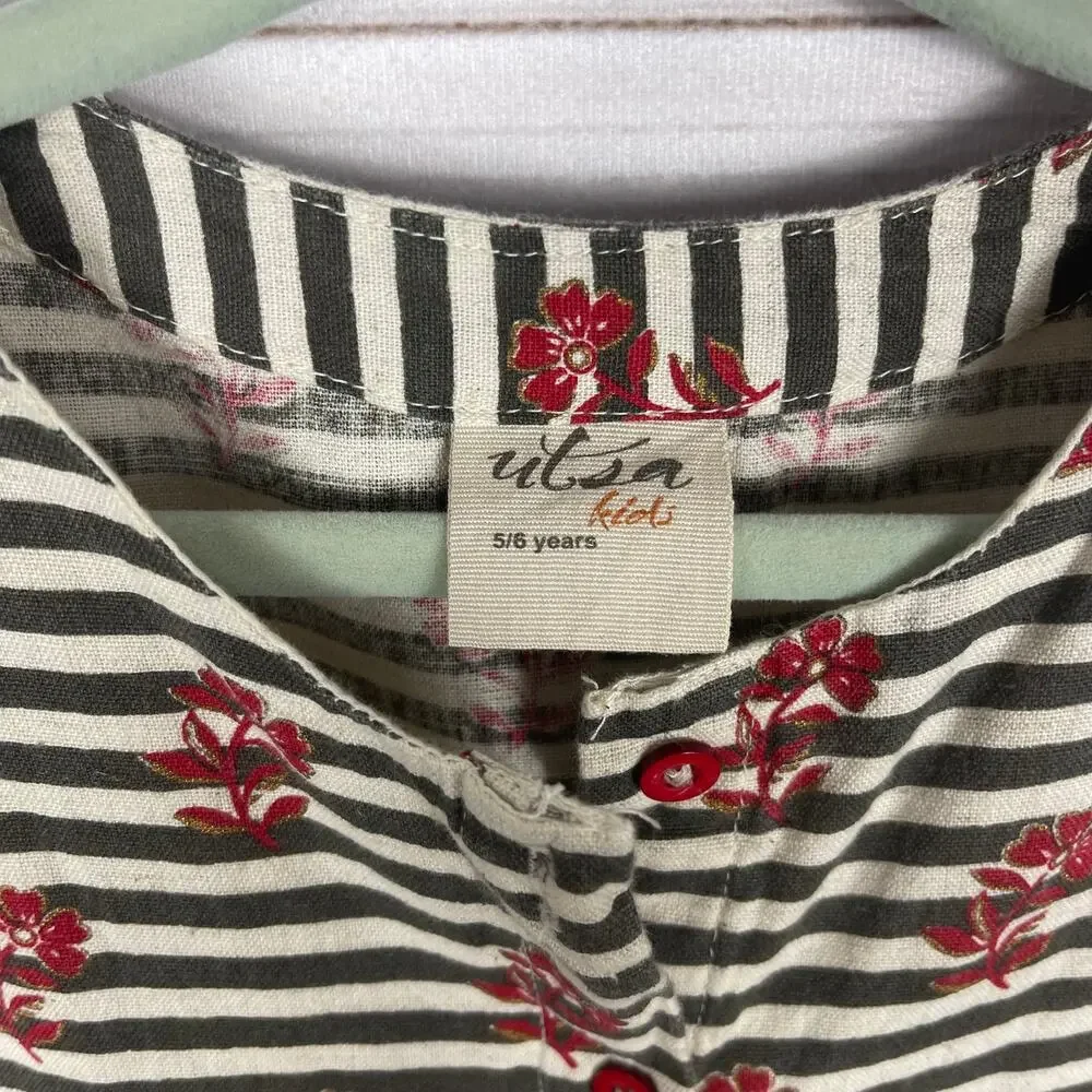 Utsa Kids Girls Short Sleeve Dress Size 5/6 Striped Floral Print‎